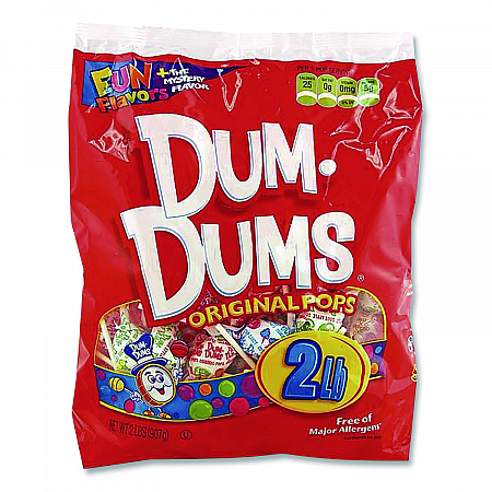 Dum-Dum-Pops, Assorted Flavors, Individually Wrapped, 2 lb Bag, 200 Pieces/Bag, 6 Bags/Carton (711)