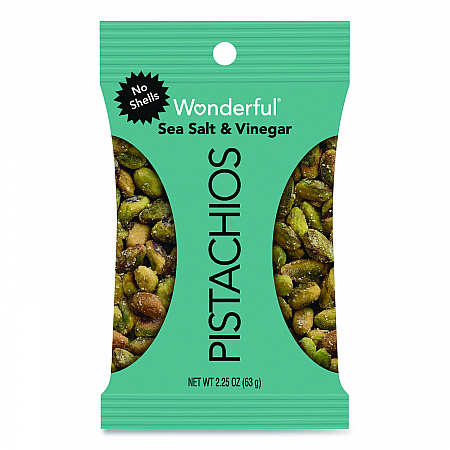 Wonderful No Shells Pistachios, Sea Salt and Vinegar, 2.25 oz Bag, 8/Box (PAR70033)