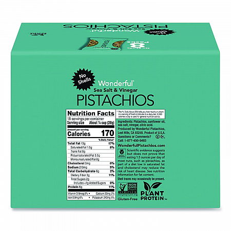 Wonderful No Shells Pistachios, Sea Salt and Vinegar, 2.25 oz Bag, 8/Box (PAR70033)