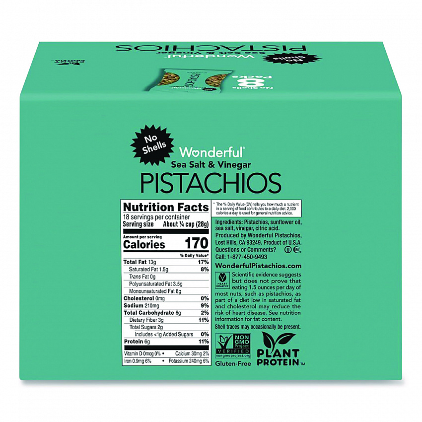 Wonderful No Shells Pistachios, Sea Salt and Vinegar, 2.25 oz Bag, 8/Box (PAR70033)