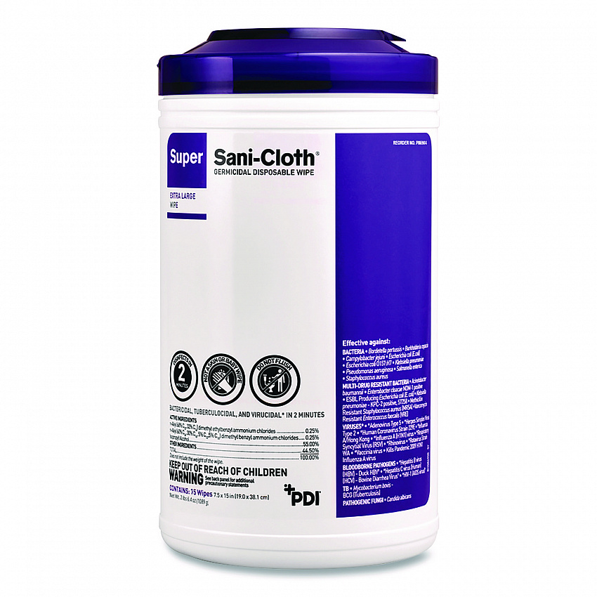 Super Sani-Cloth Disinfecting Wipes, 15 x 7.5, Unscented, White, 75 Wipes/Canister, 6/Carton (P86984CT)