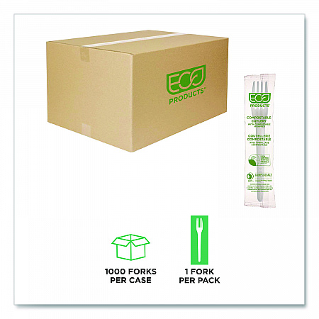 Plantware CPLA Cutlery, Individually Wrapped, Fork, Plastic, White, 1,000/Carton (EPS017W)