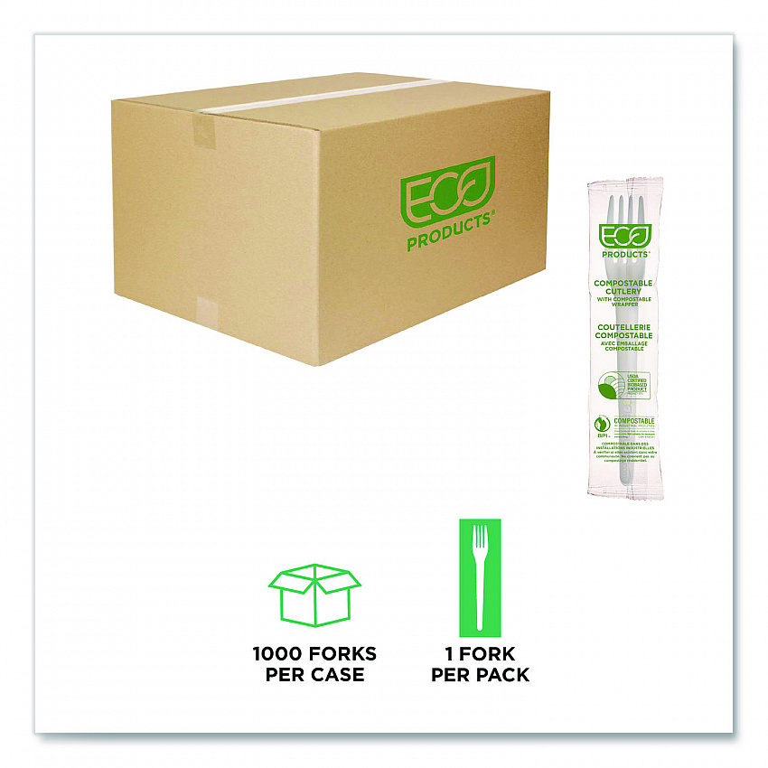 Plantware CPLA Cutlery, Individually Wrapped, Fork, Plastic, White, 1,000/Carton (EPS017W)