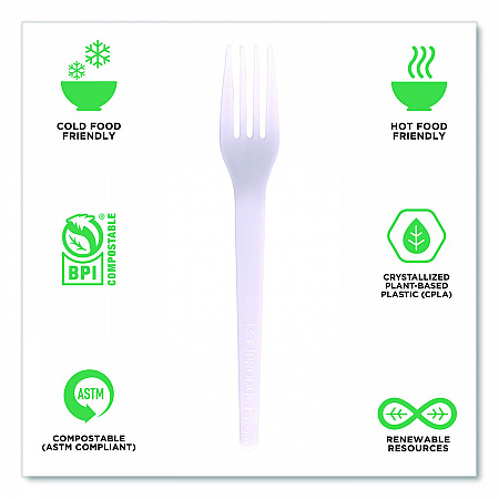 Plantware CPLA Cutlery, Individually Wrapped, Fork, Plastic, White, 1,000/Carton (EPS017W)
