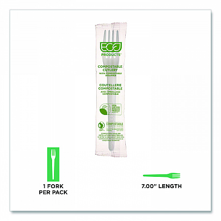Plantware CPLA Cutlery, Individually Wrapped, Fork, Plastic, White, 1,000/Carton (EPS017W)