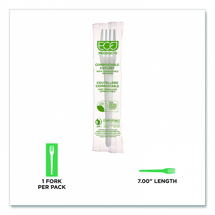 Plantware CPLA Cutlery, Individually Wrapped, Fork, Plastic, White, 1,000/Carton (EPS017W)