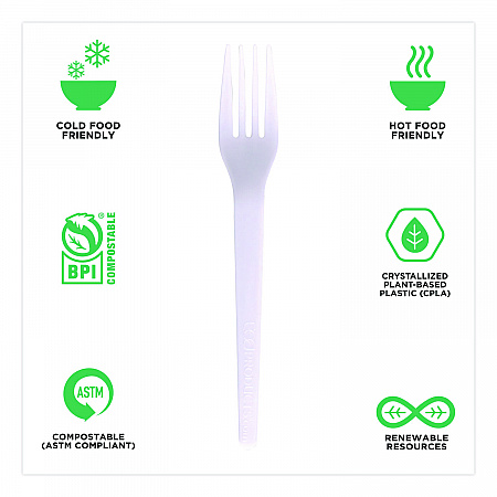 Plantware CPLA Cutlery, Fork, White, 1,000/Carton (EPS017)