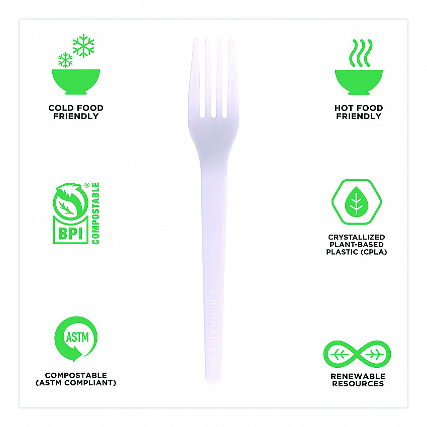 Plantware CPLA Cutlery, Fork, White, 1,000/Carton (EPS017)