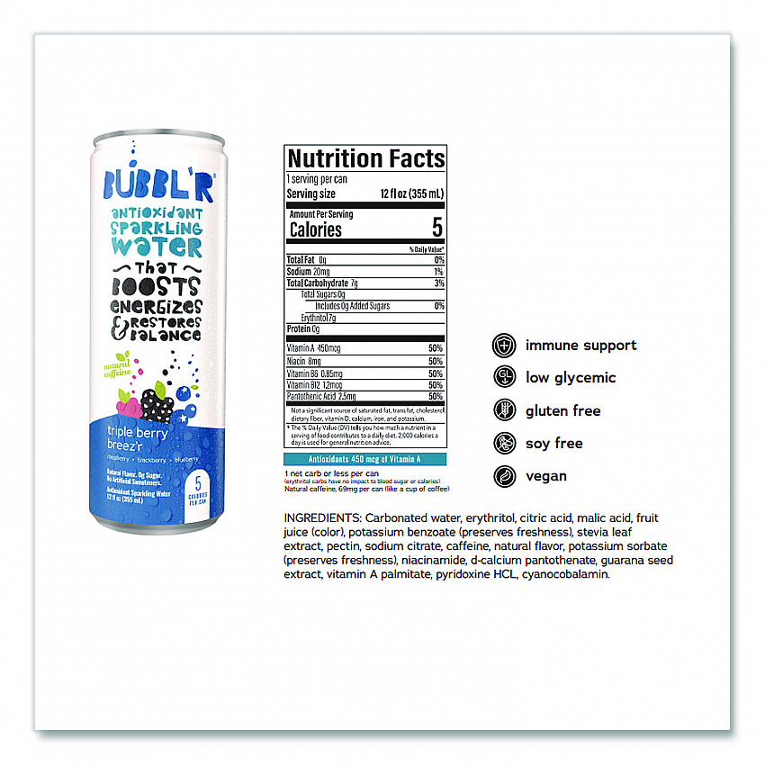 Antioxidant Sparkling Water, Triple Berry Breez'r, 12 oz Can, 12 Cans/Carton (WIC00028)