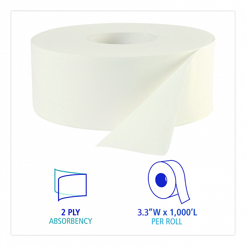 JRT Jumbo Roll Bathroom Tissue, Septic Safe, 2-Ply, 3.3" x 1,000 ft, White, 12 Rolls/Carton (6100B)