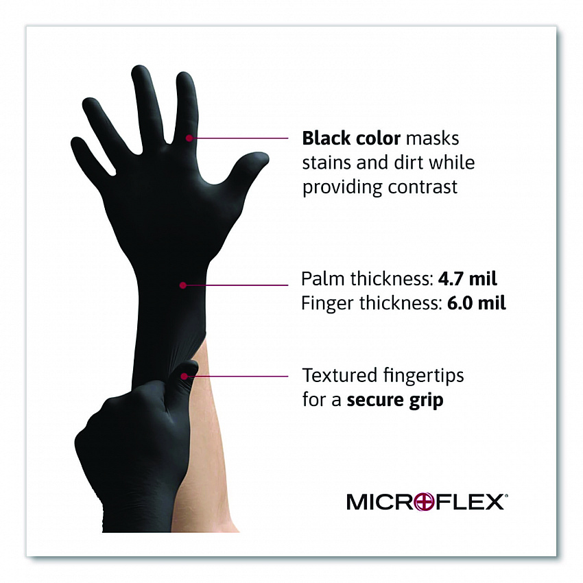 MICROFLEX MidKnight Powder-Free Nitrile Gloves, XX-Large, 4.7 mil (Palm), 5.9 mil (Fingers), 9.6" Long, Black, 100/Box (MK296XXL)
