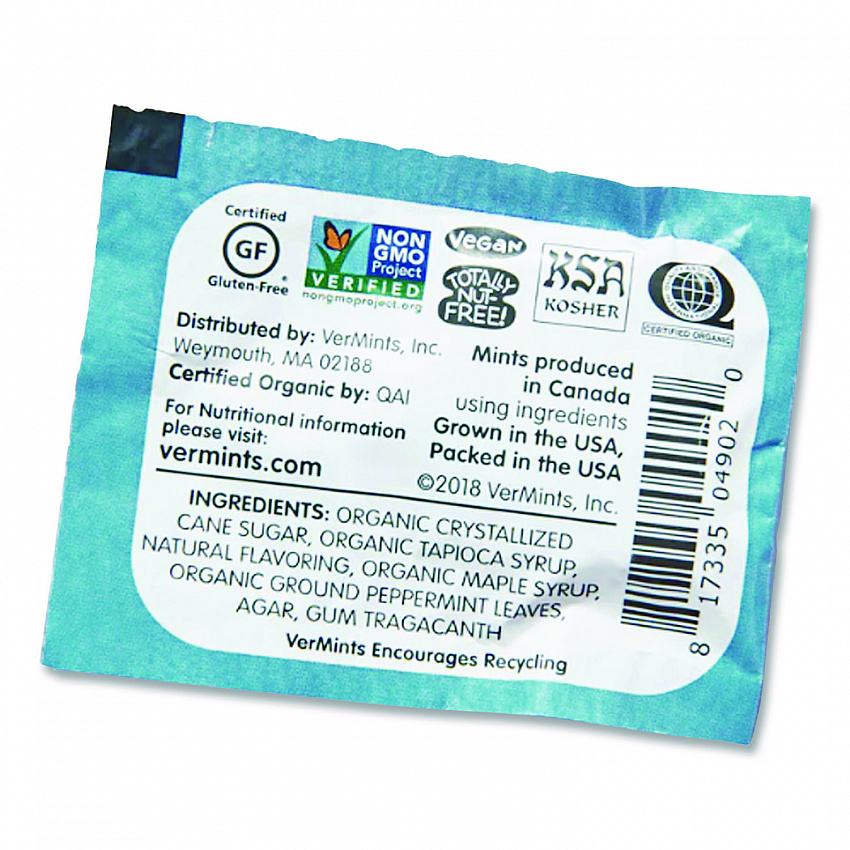 VerMints Organic Mints/Pastilles, Peppermint, 2 Mints/0.7 oz Individually Wrapped, 100/Box (VNT00992)