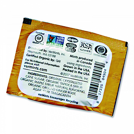 VerMints Organic Mints/Pastilles, Gingermint, 2 Mints/0.7 oz Individually Wrapped, 100/Box (VNT00994)