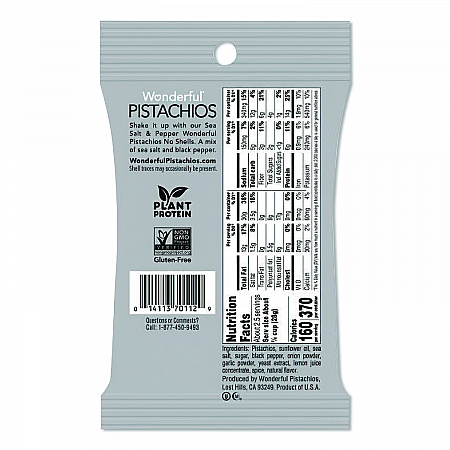 No Shells Sea Salt and Pepper Pistachios, 2.25 oz Pack, 8/Box (PAR70144)