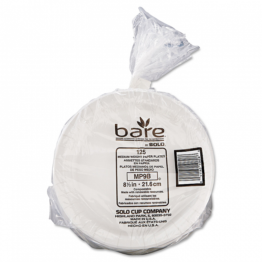 Bare Eco-Forward Clay-Coated Paper Dinnerware, ProPlanet Seal, Mediumweight, Plate, 8.5" dia, White, 125/Pack, 4 Packs/Carton (MP9BR2054)