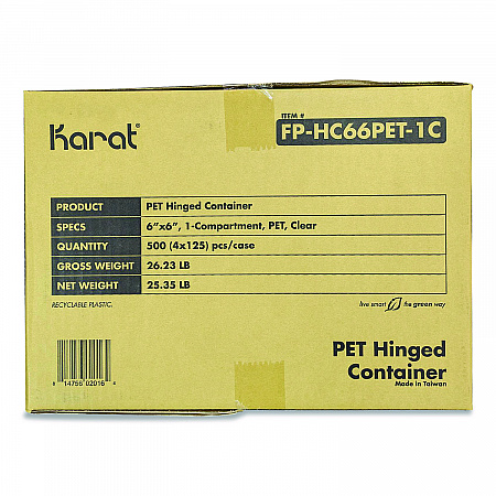 PET Plastic Hinged Container, 6 x 6 x 3.3, Clear, Plastic, 500/Carton (FPHC66PET1C)