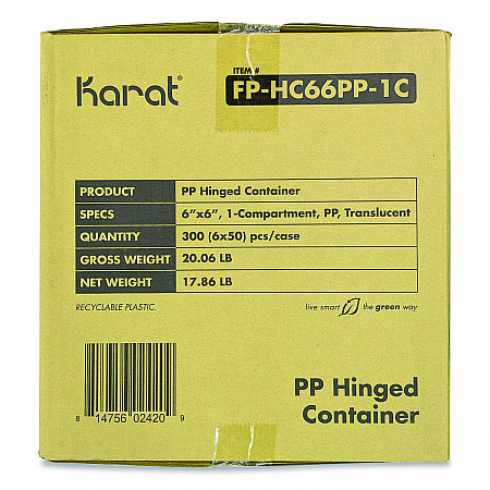 Polypropylene Plastic Hinged Container, 6 x 6 x 3.3, Clear, Plastic, 50/Pack, 6 Packs/Carton (FPHC66PP1C)