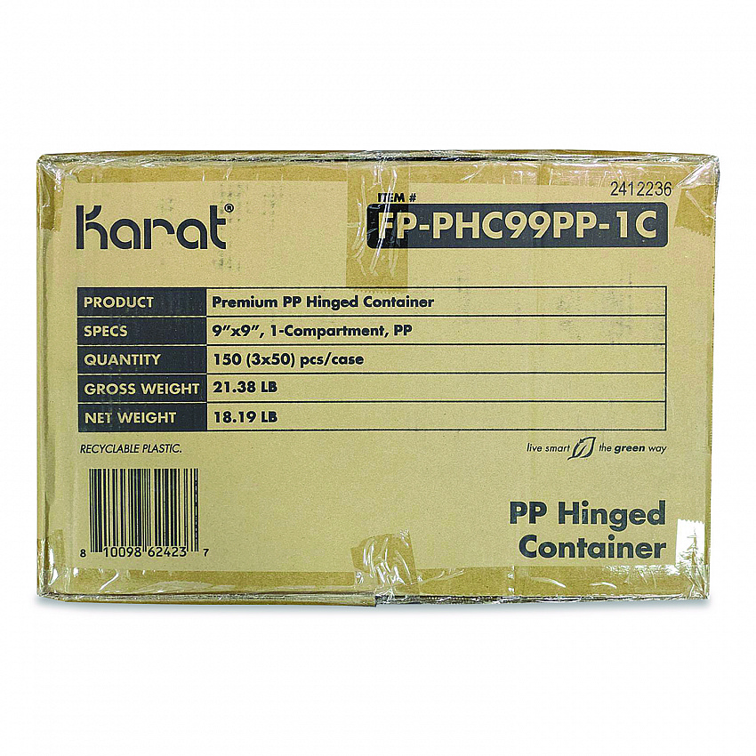 Polypropylene Plastic Hinged Container, 9 x 9 x 3, Black/Clear, Plastic, 50/Pack, 3 Packs/Carton (FPPHC99PP1C)