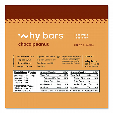 Superfood Snack Bar, Choco Peanut, 2.04 oz Bar, 12/Box (WHY16204)