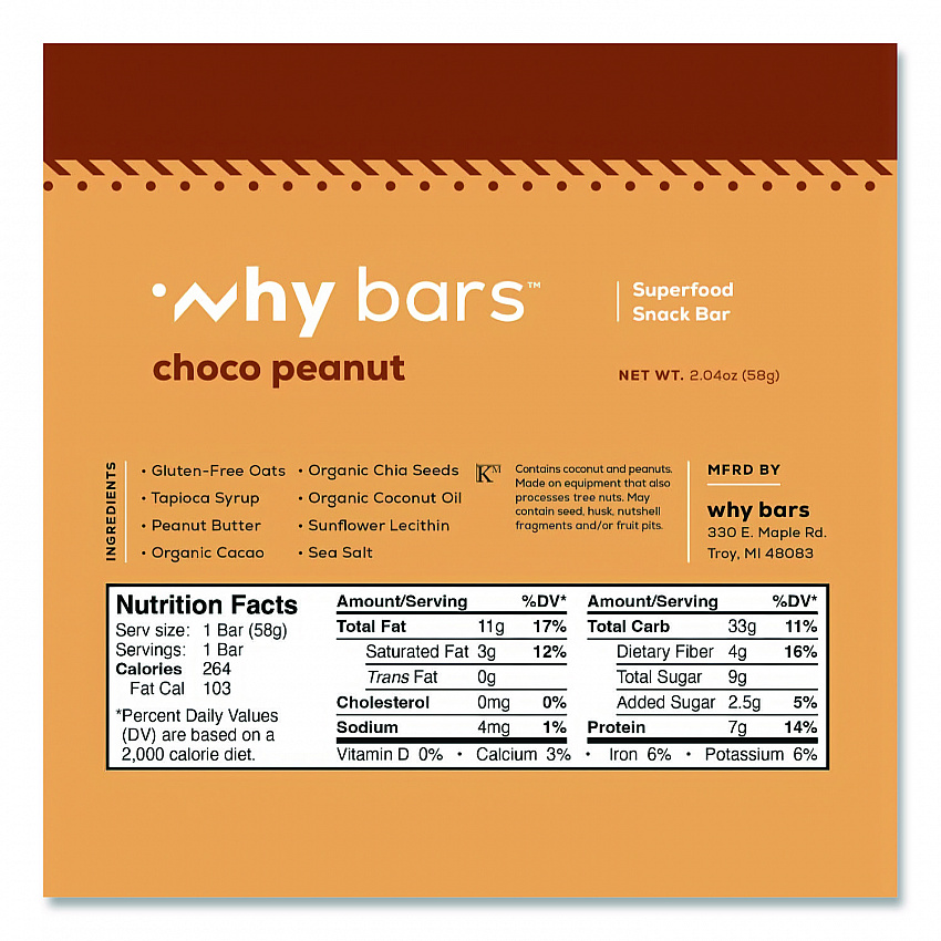 Superfood Snack Bar, Choco Peanut, 2.04 oz Bar, 12/Box (WHY16204)