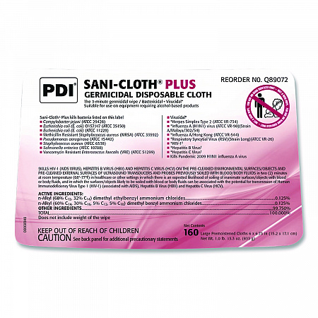 PDI San-Cloth Plus Germicidal Disposable Cloth, 6 x 6.75, Unscented, White, 160/Pack (Q89072PK)