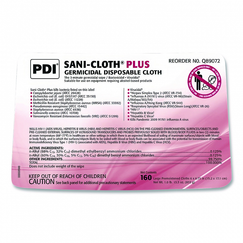 PDI San-Cloth Plus Germicidal Disposable Cloth, 6 x 6.75, Unscented, White, 160/Pack (Q89072PK)