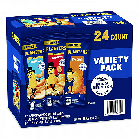 Salted Nuts Variety Pack, Assorted Flavors, 1.5 oz/1.75 oz Packs, 24/Carton (884624)