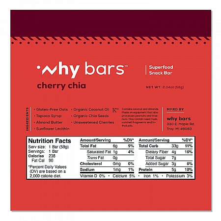 Superfood Snack Bar, Cherry Chia, 2.04 oz Bar, 12/Box (WHY16205)