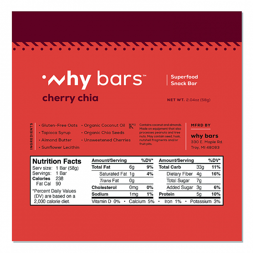 Superfood Snack Bar, Cherry Chia, 2.04 oz Bar, 12/Box (WHY16205)