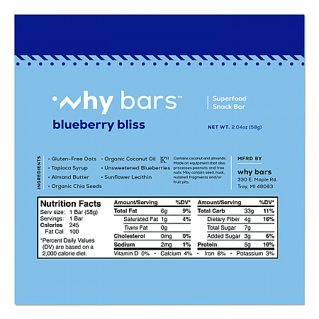 Superfood Snack Bar, Blueberry Bliss, 2.04 oz Bar, 12/Box (WHY16209)