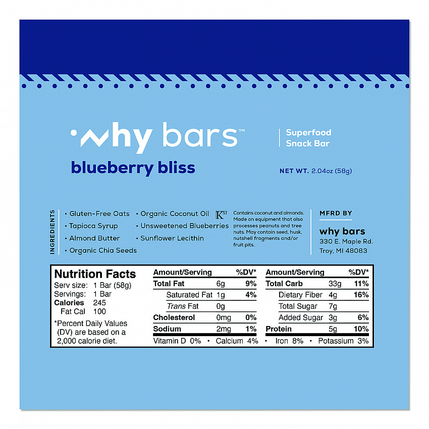 Superfood Snack Bar, Blueberry Bliss, 2.04 oz Bar, 12/Box (WHY16209)