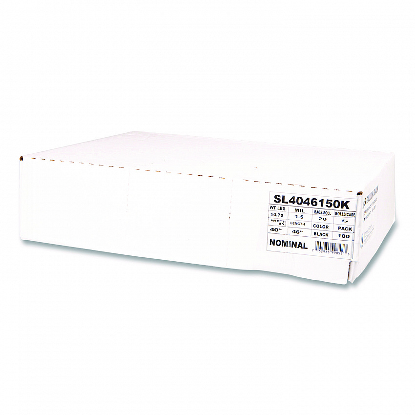 Institutional Low-Density Can Liners, 45 gal, 1.5 mil, 40" x 46", Black, Interleaved Roll, 20 Bags/Roll, 5 Rolls/Carton (SL4046150K)