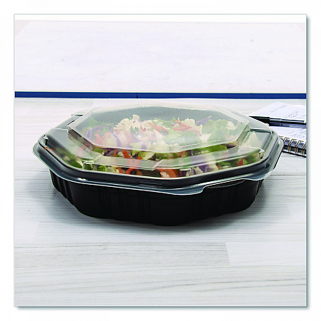 Creative Carryouts OctaView Hinged Lid Containers, 9.13 x 9.55 x 2.38, Black/Clear, Plastic, 100/Carton (809013PP94)