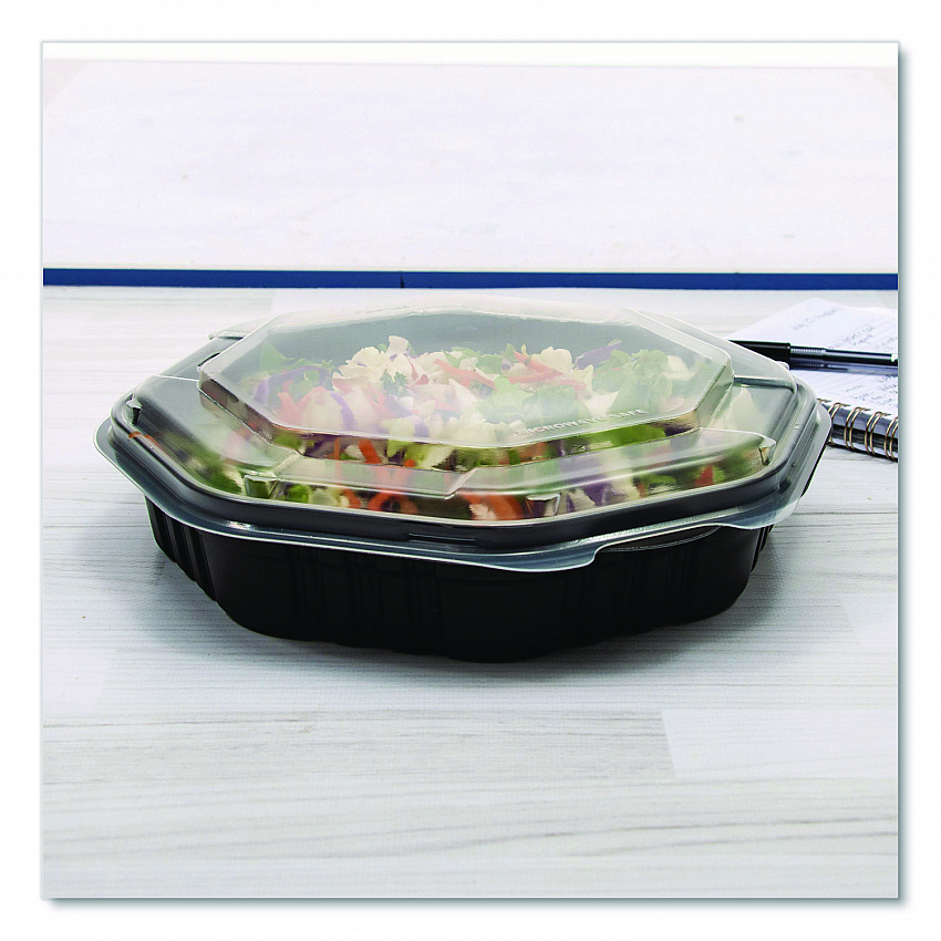 Creative Carryouts OctaView Hinged Lid Containers, 9.13 x 9.55 x 2.38, Black/Clear, Plastic, 100/Carton (809013PP94)