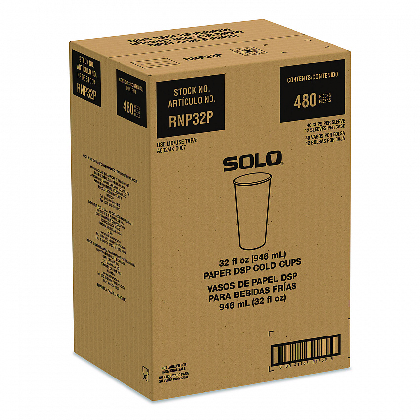 Double Sided Poly (DSP) Paper Cold Cups, 28 oz to 32 oz, White, 40 Cups/Sleeve, 12 Sleeves/Carton (RNP32P2050)