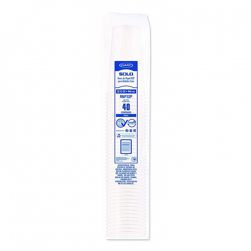 Double Sided Poly (DSP) Paper Cold Cups, 28 oz to 32 oz, White, 40 Cups/Sleeve, 12 Sleeves/Carton (RNP32P2050)