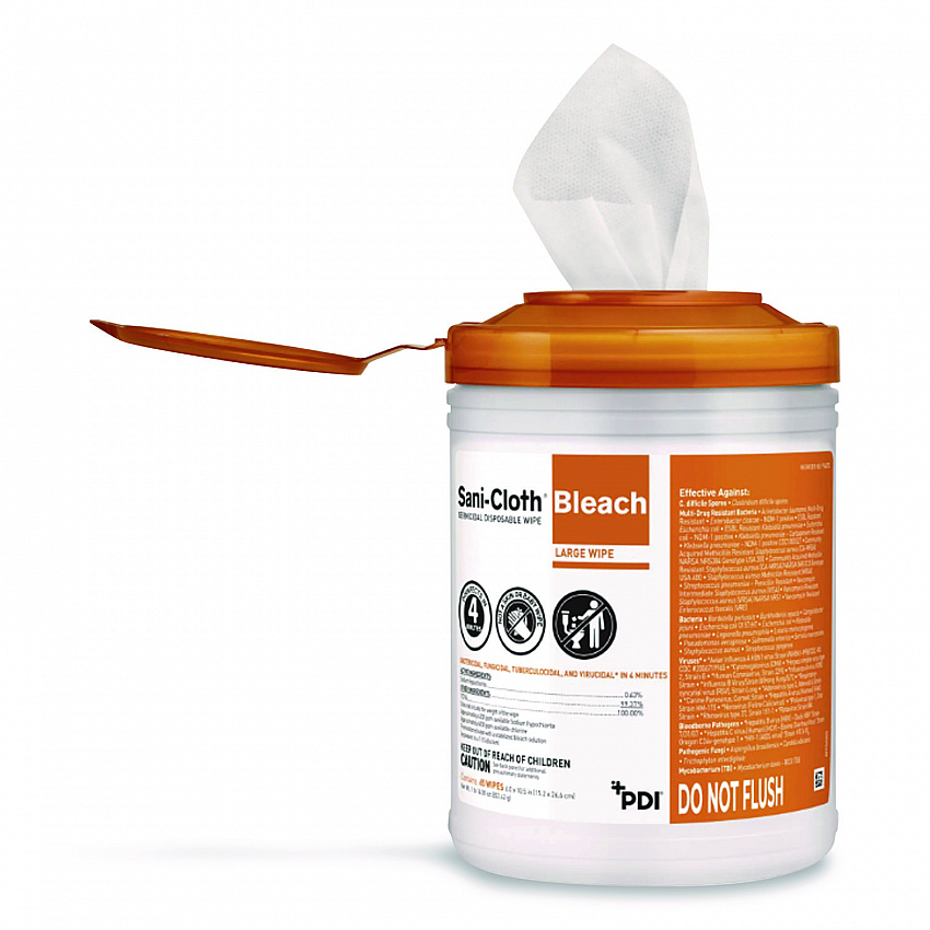 Sani-Cloth Bleach Germicidal Disposable Wipes, Deep-Well Lid Canister, 10.5 x 6, 75/Canister (P54072PK)