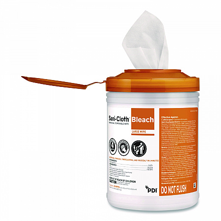 Sani-Cloth Bleach Germicidal Disposable Wipes, 1-Ply, 6 x 5, Unscented, White, 160/Canister, 12 Canisters/Carton (P84172)