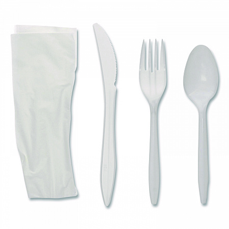 Fieldware Cutlery Kit, Individually Wrapped, Mediumweight, Fork/Knife/Napkin/Spoon, Plastic, White, 250/Carton (FKFSKWNCH)