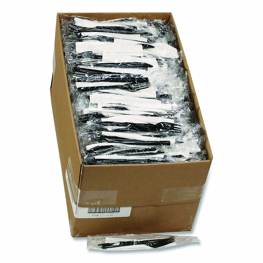 Gardenware Cutlery Kit, Individually Wrapped, Heavyweight, Fork/Knife/Napkin, Plastic, Black, 500/Carton (GKFKNECH)