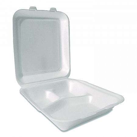 Foam Hinged Lid Containers, 3-Compartment, 7.56 x 8.25 x 2.38, White, Foam, 200/Carton (12109)