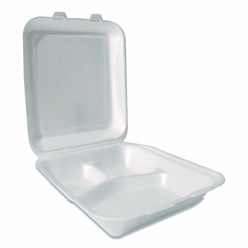 Foam Hinged Lid Containers, 3-Compartment, 7.56 x 8.25 x 2.38, White, Foam, 200/Carton (12109)