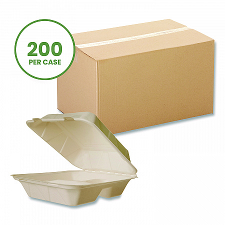 Nourish Molded Fiber Takeout Containers, Compostable, 3 Compartments, 7.9 x 7.9 x 2.9, White, Sugarcane, 200/Carton (VWHC83NFA)