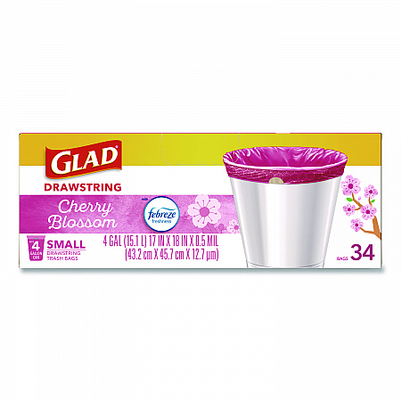 OdorShield Small Drawstring Trash Bags, 4 gal, Cherry Blossom Scent, 0.5 mil, 18