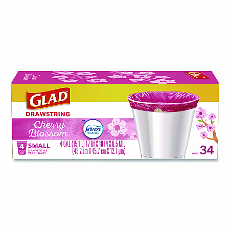 OdorShield Small Drawstring Trash Bags, 4 gal, Cherry Blossom Scent, 0.5 mil, 18