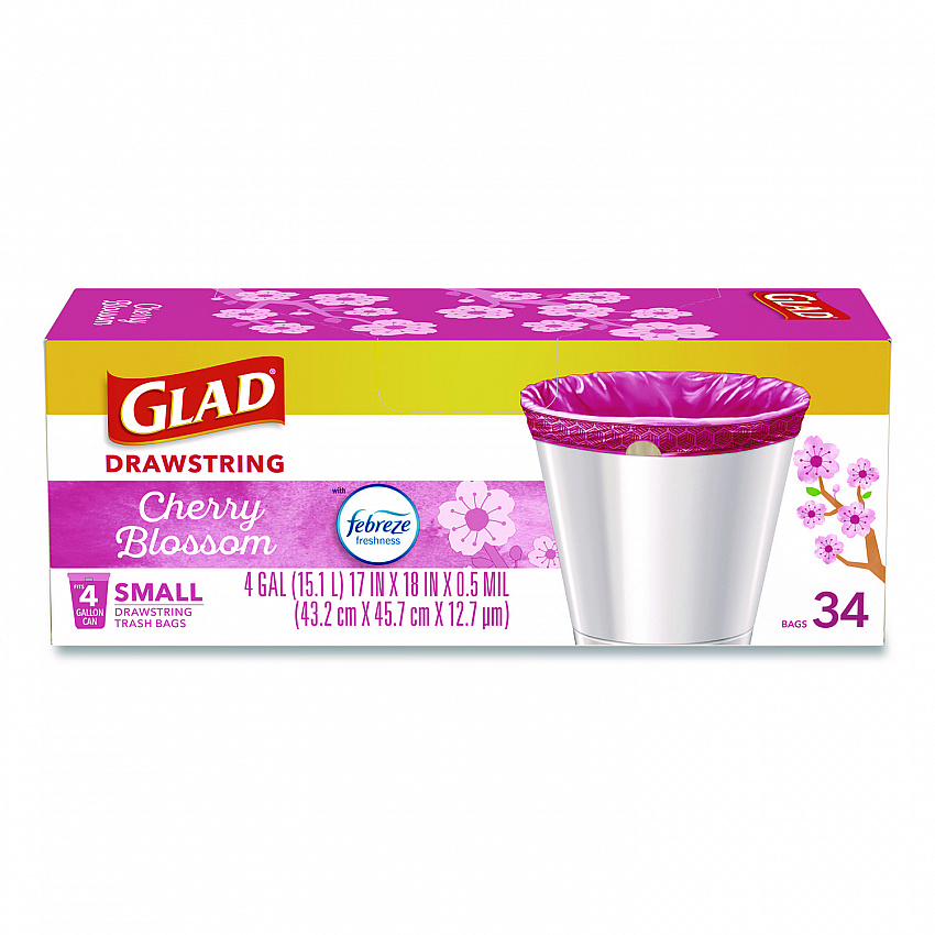OdorShield Small Drawstring Trash Bags, 4 gal, Cherry Blossom Scent, 0.5 mil, 18" x 17", Pink, 34/Box (79274)