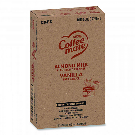 Plant-Based Almond Milk Non-Dairy Liquid Creamer Singles, Natural Vanilla, 0.38 oz Mini Cups, 200/Carton (42258CT)