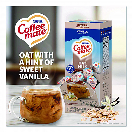 Plant-Based Oat Milk Liquid Creamers, Natural Vanilla, 0.38 oz Mini Cups, 50/Box (19891BX)