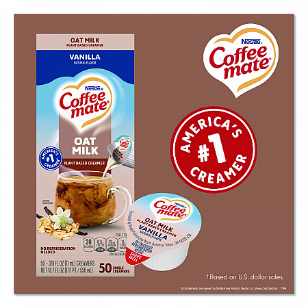 Plant-Based Oat Milk Liquid Creamers, Natural Vanilla, 0.38 oz Mini Cups, 50/Box (19891BX)