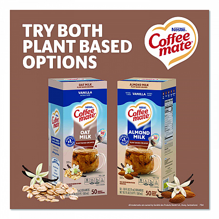 Plant-Based Oat Milk Liquid Creamers, Natural Vanilla, 0.38 oz Mini Cups, 50/Box, 4 Boxes/Carton (19891CT)